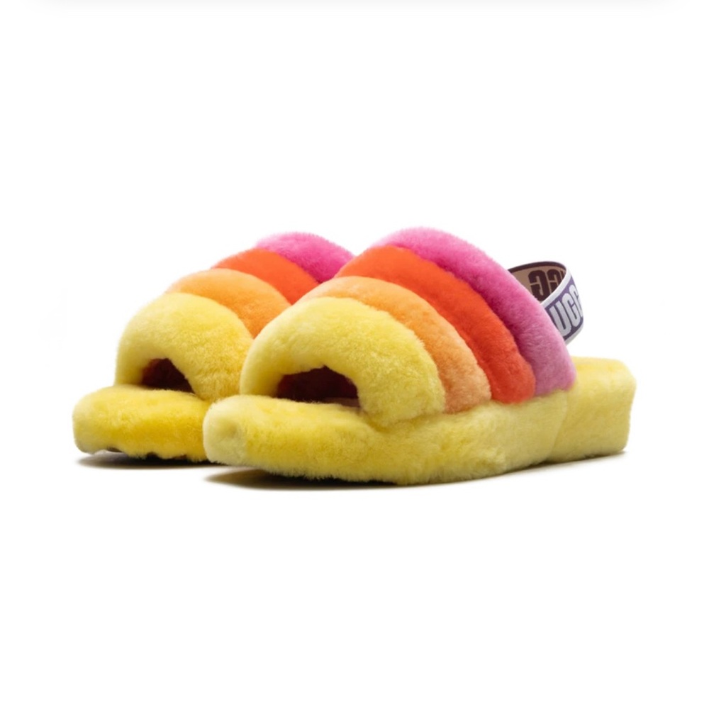 UGG Fluff Yeah Slide Pride Rainbow Yellow Slippers